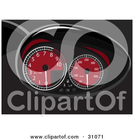 Clipart Illustration of Red And Black Speed And Rpm Gauges On A Car Dashboard by Eugene