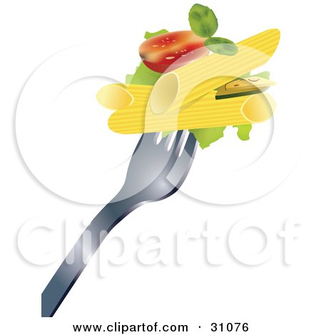 Clipart Illustration of Pasta, Tomato And Lettuce On The Tip Of A Fork by Eugene