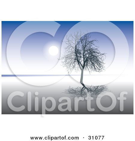 Clipart Illustration of a Bare Silhouetted Tree Reflecting On Still Waters, Against A Blue Sky Background by Eugene