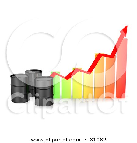 Clipart Illustration of Three Black Unmarked Oil Barrels By A Colorful Bar Graph With A Red Arrow Showing An Incline by Frog974
