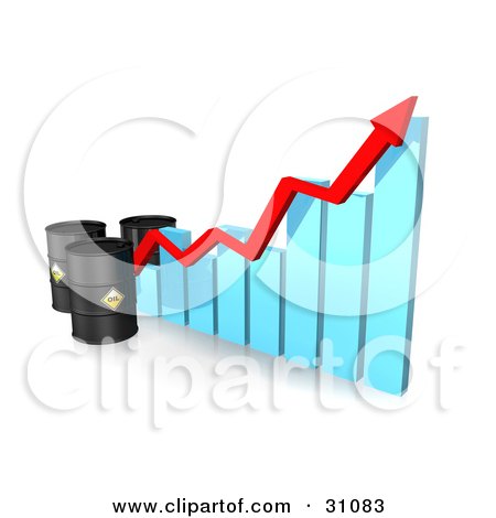 Clipart Illustration of Three Black Oil Barrels And A Red Arrow Along The Incline Of A Blue Bar Graph by Frog974