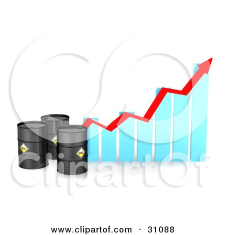 Clipart Illustration of Three Black Barrels Of Oil By A Blue Bar Graph With A Red Arrow Showing An Incline by Frog974