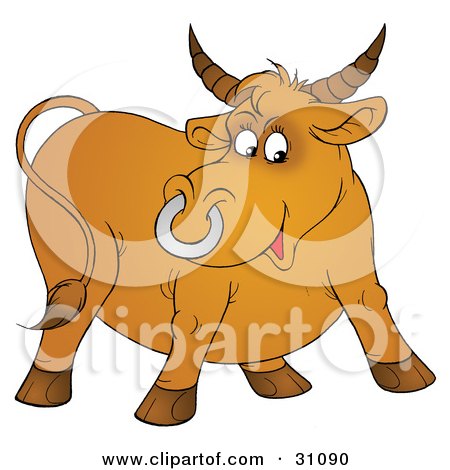 Clipart Illustration of a Horned Brown Bull With A Silver Ring In His Nose by Alex Bannykh
