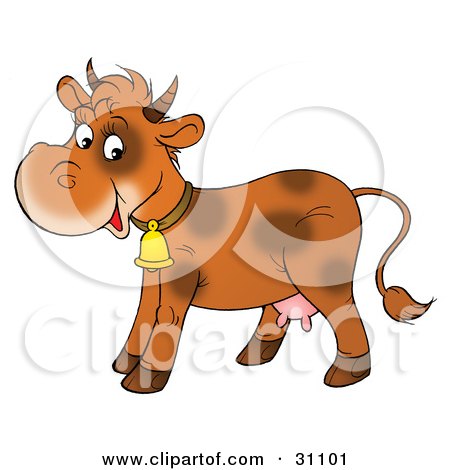 Clipart Illustration of a Cute Brown Spotted Dairy Cow Wearing A Bell And Smiling by Alex Bannykh
