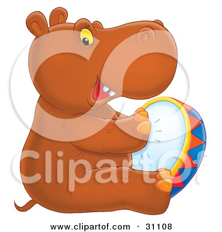 Clipart Illustration of a Talented Brown Baby Hippo, Sitting And Playing A Tambourine by Alex Bannykh