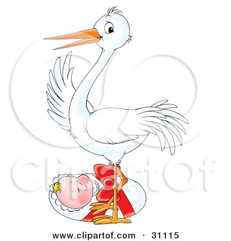 Clipart Illustration of a White Stork Standing Over A Cute Little Baby Wrapped In A Bundle With A Red Ribbon by Alex Bannykh