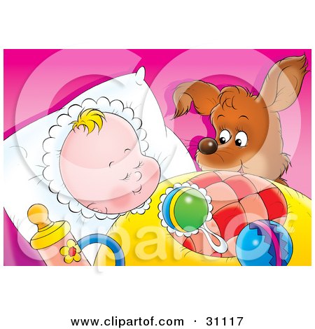 Clipart Illustration of a Puppy Dog Watching A Sleeping Baby by Alex Bannykh