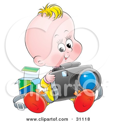 Clipart Illustration of a Blond Baby Sitting And Taking Pictures With A Camera by Alex Bannykh