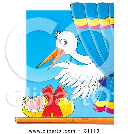 Clipart Illustration of a White Stork Waving While Delivering A Newborn Baby In A Window by Alex Bannykh