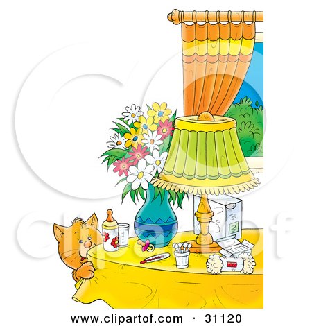 Clipart Illustration of a Curious Orange Cat By A Table With Flowers, A Lamp, Baby Bottle, Pacifier And Baby Supplies by Alex Bannykh