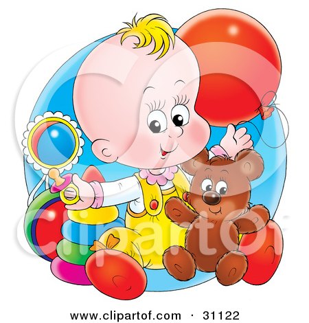 Clipart Illustration of a Blond Haired Baby Sitting On The Floor Of A Nursery, Playing With A Balloon, Teddy Bear, Rings, Rattle And Pacifier by Alex Bannykh