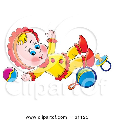 Clipart Illustration of a Happy Baby Rolling Around On The Ground With A Ball, Rattle And Pacifier by Alex Bannykh