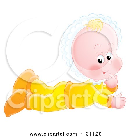 Clipart Illustration of a Curious Baby In A White Bonnet And Yellow Clothes, Laying On Her Belly by Alex Bannykh