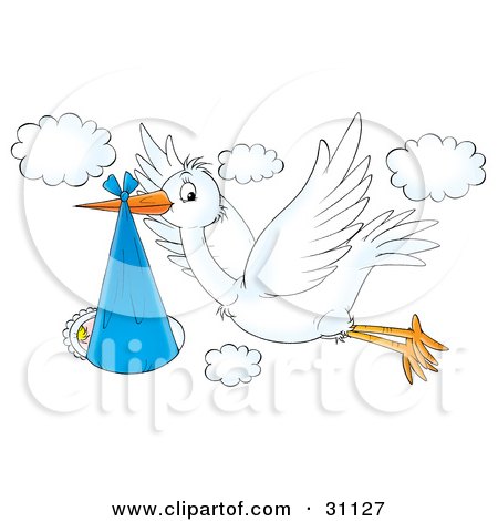 Clipart Illustration of a Flying White Stork Bird With A Baby Bundled In A Blue Cloth by Alex Bannykh