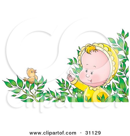 Clipart Illustration of a Curious Baby In A Bush, Watching A Little Bird by Alex Bannykh
