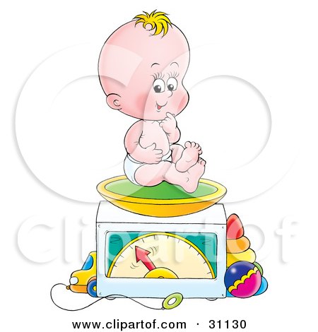 Clipart Illustration of a Baby Giggling And Weighing Himself On A Scale In A Nursery by Alex Bannykh