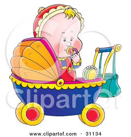 Clipart Illustration of a Blond Baby Sucking On A Pacifier, Standing Up In A Baby Carriage by Alex Bannykh