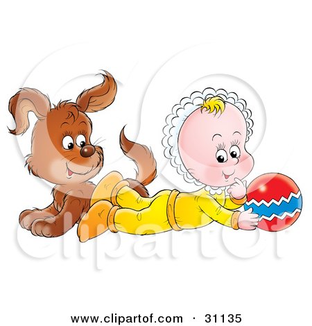 Clipart Illustration of a Brown Puppy Dog And Baby Playing With A Ball by Alex Bannykh