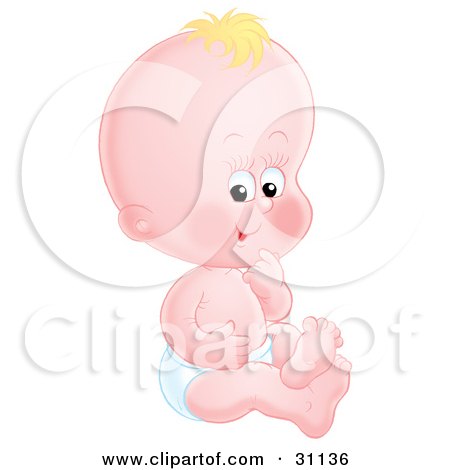 Clipart Illustration of a Cute Baby In A Diaper, Sitting On The Floor And Touching His Chin by Alex Bannykh