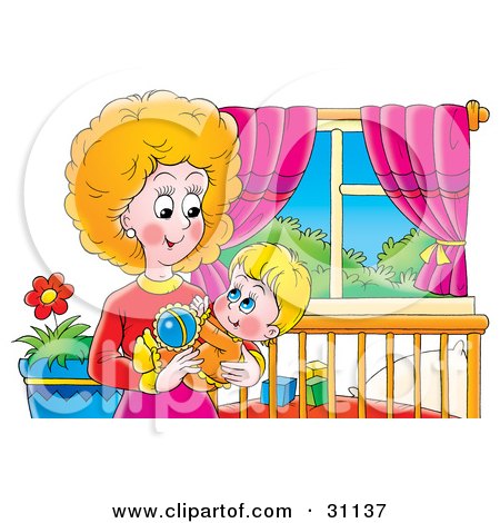 Clipart Illustration of a Loving Mother Holding Her Child In Her Arms And Playing With A Rattle by Alex Bannykh