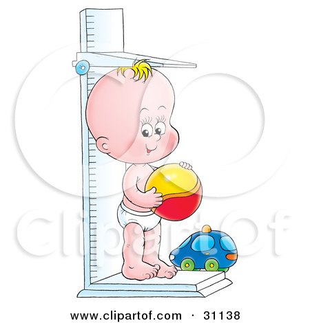Clipart Illustration of a Baby In A Diaper, Standing On A Height Measuring Scale And Holding A Ball by Alex Bannykh