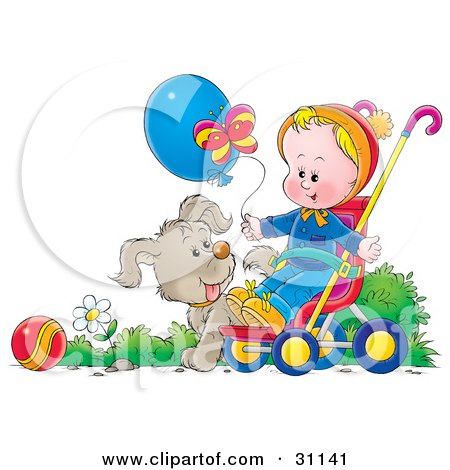 Clipart Illustration of a Puppy Dog Walking Alongside A Baby In A Stroller Who Is Holding Onto A Balloon And Watching A Butterfly by Alex Bannykh
