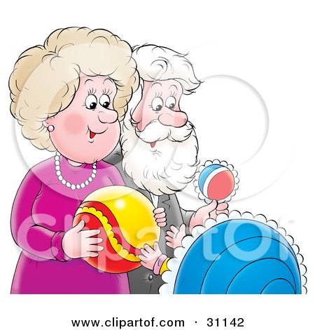 Clipart Illustration of a Happy Grandma And Grandpa Playing With Toys And Admiring Their Grandchild by Alex Bannykh