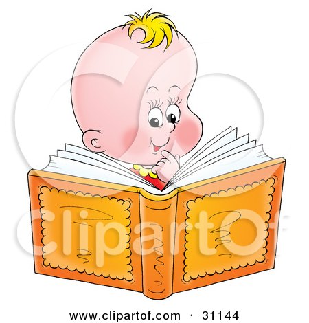 Clipart Illustration of a Smart Blond Baby Smiling And Reading A Book by Alex Bannykh
