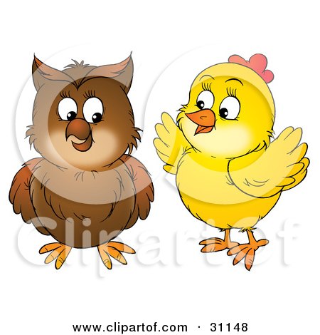 Clipart Illustration of a Yellow Chick Talking To A Brown Owl by Alex Bannykh