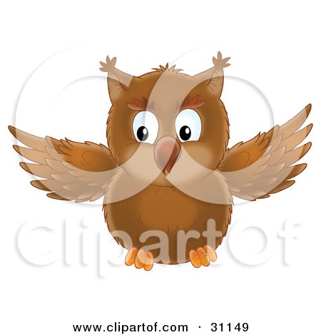 Clipart Illustration of a Cute Brown Owl In Flight, Flapping His Wings by Alex Bannykh