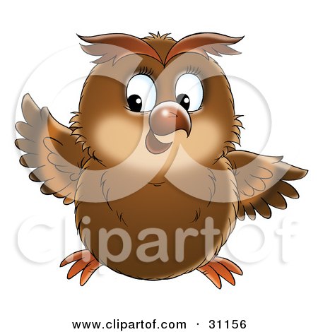 Clipart Illustration of a Chubby Brown Owl Holding Up One Wing And Looking To The Left by Alex Bannykh