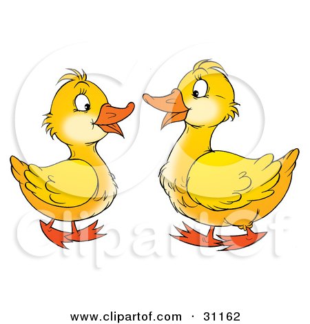 Clipart Illustration of Two Yellow Geese Talking And Facing Each Other by Alex Bannykh