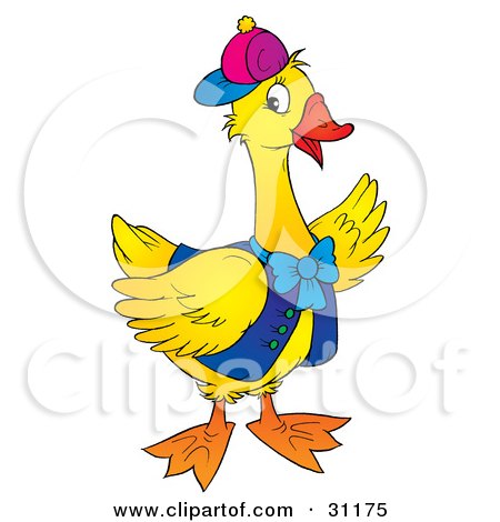 Clipart Illustration of a Friendly Yellow Goose Or Duck In A Vest And Hat, Waving by Alex Bannykh