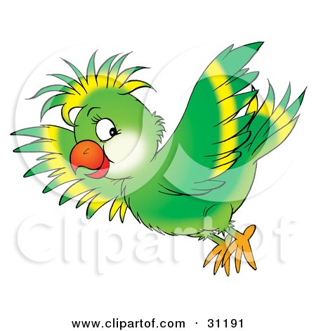 Clipart Illustration of a Flying Green Parrot With Yellow Lines On His Head And Wing Feathers by Alex Bannykh