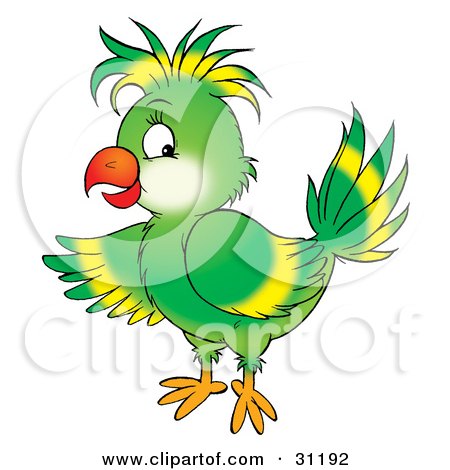 Clipart Illustration of a Friendly Green Parrot With Yellow Markings On His Wing And Head Feathers by Alex Bannykh