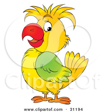 Clipart Illustration of a Happy Yellow Parrot With Green Plumage On Its Wing by Alex Bannykh
