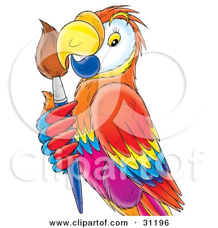 Clipart Illustration of a Colorful Parrot Holding A Paintbrush by Alex Bannykh
