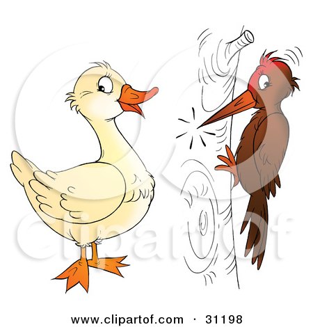 Clipart Illustration of a Brown Woodpecker Pecking At A Tree And A Friendly Goose by Alex Bannykh