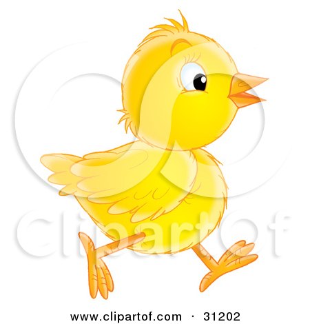 Clipart Illustration of a Yellow Baby Chick Running In Profile by Alex Bannykh