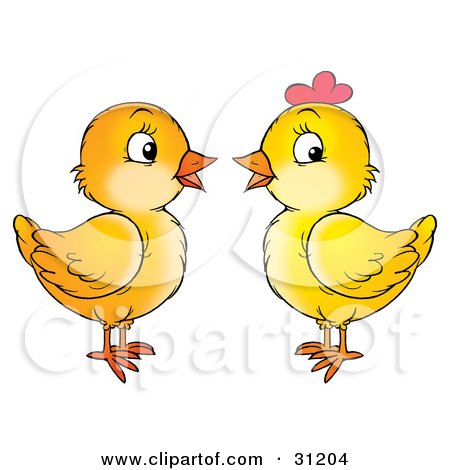 Clipart Illustration of Two Baby Chicks, One Male, One Female, Facing Each Other And Chatting by Alex Bannykh