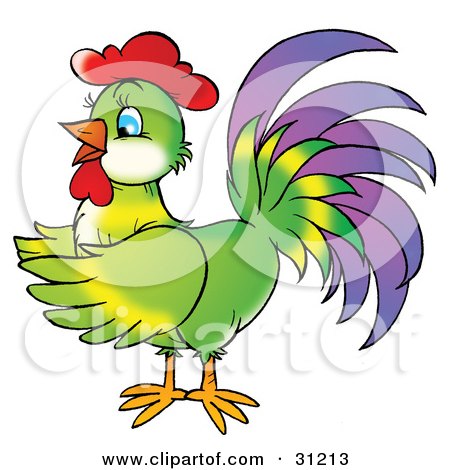 Clipart Illustration of a Colorful Green Rooster With Purple Tail Feathers by Alex Bannykh