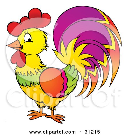 Clipart Illustration of a Yellow And Green Rooster With Orange, Purple, Green And Yellow Feathers by Alex Bannykh