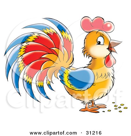 Clipart Illustration of a Brown Rooster With Blue, Red And Yellow Plumage On Its Wings by Alex Bannykh