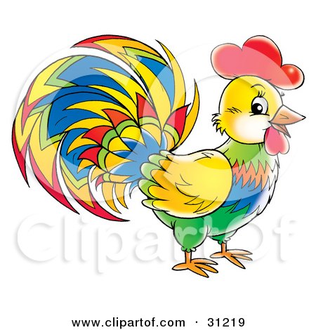 Clipart Illustration of a Vibrantly Colored Rooster In Profile, Facing Right by Alex Bannykh