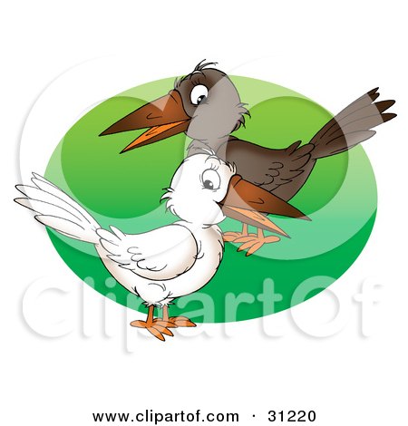 Clipart Illustration of White And Brown Crows Standing Over A Green Circle On A White Background by Alex Bannykh