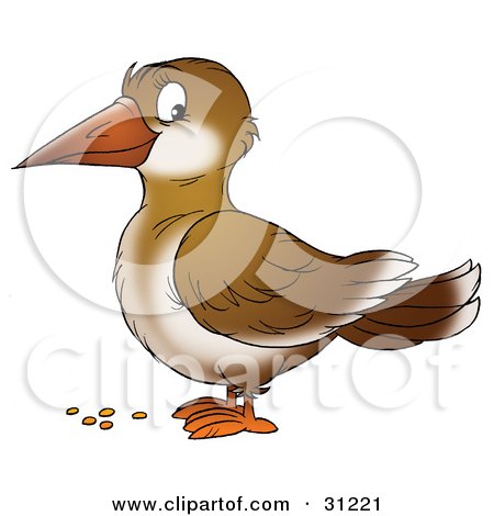 Clipart Illustration of a Cute Brown Crow In Profile, Standing Over Bird Seed by Alex Bannykh