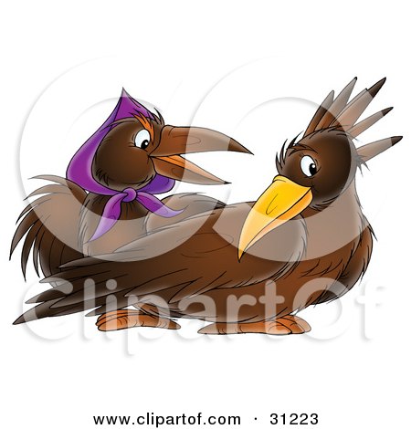 Clipart Illustration of a Male And Female Crow, The Female Wearing A Purple Scarf by Alex Bannykh