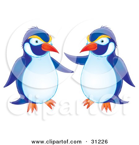 Clipart Illustration of Two Blue, White And Yellow Penguins Chatting by Alex Bannykh