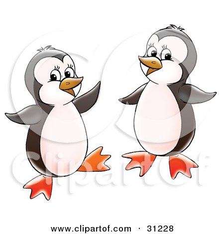 Clipart Illustration of Two Happy Little Penguins Dancing And Having Fun by Alex Bannykh