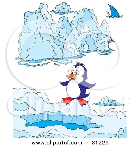Clipart Illustration of a Cute Blue And White Penguin Standing Above A Swimming Hole In Ice, A Shark In The Distance by Alex Bannykh